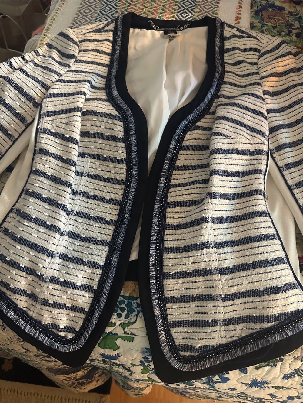 White House Black Market Navy & White Striped Tweed Blazer